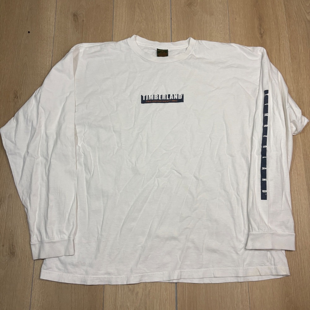 Timberland Y2K Mens Long Sleeve T-Shirt White Vintage Made USA Graphic Logo XL